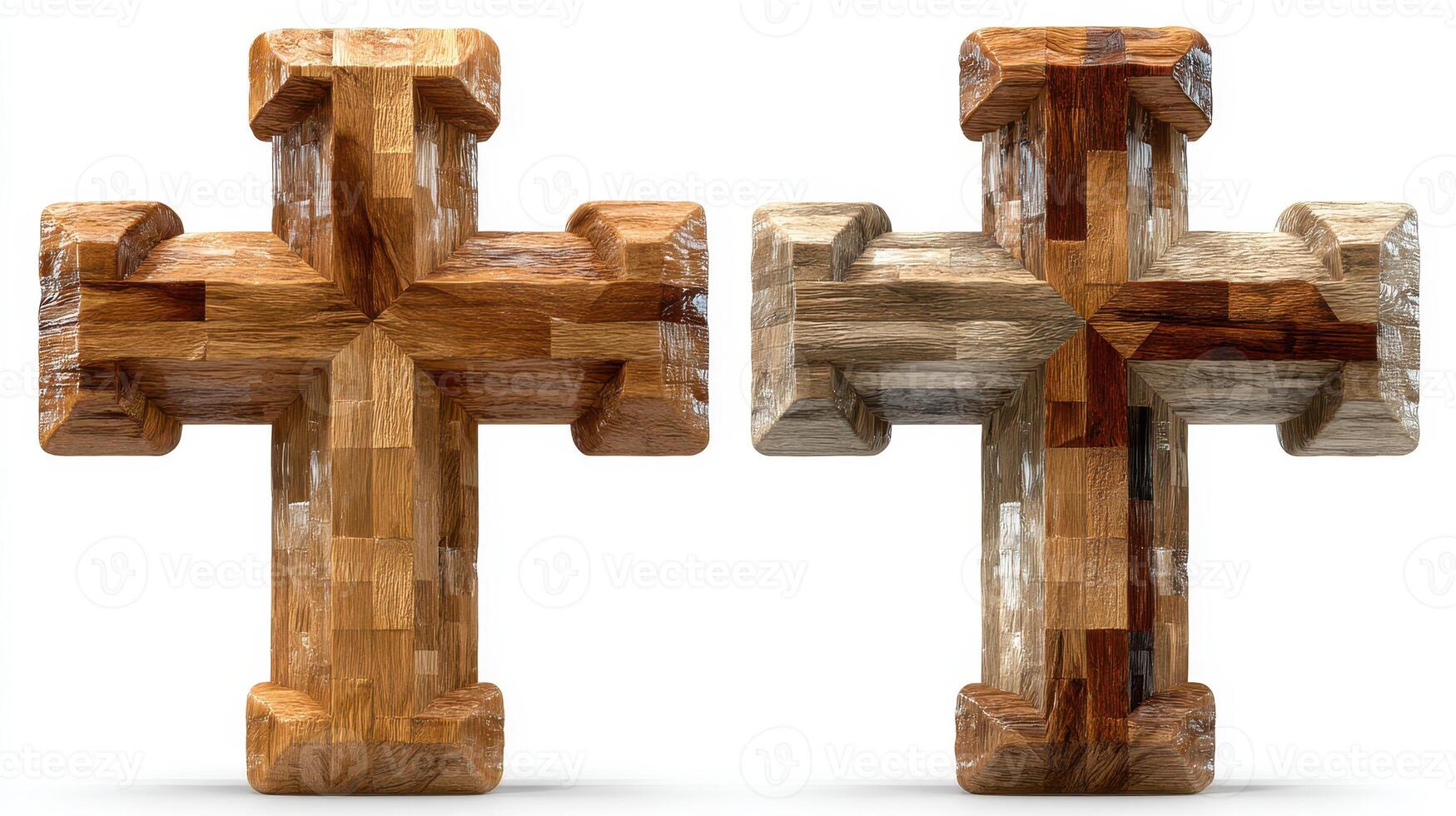 Two wooden crosses showcasing distinct textures and colors, highlighting craftsmanship and design variations photo