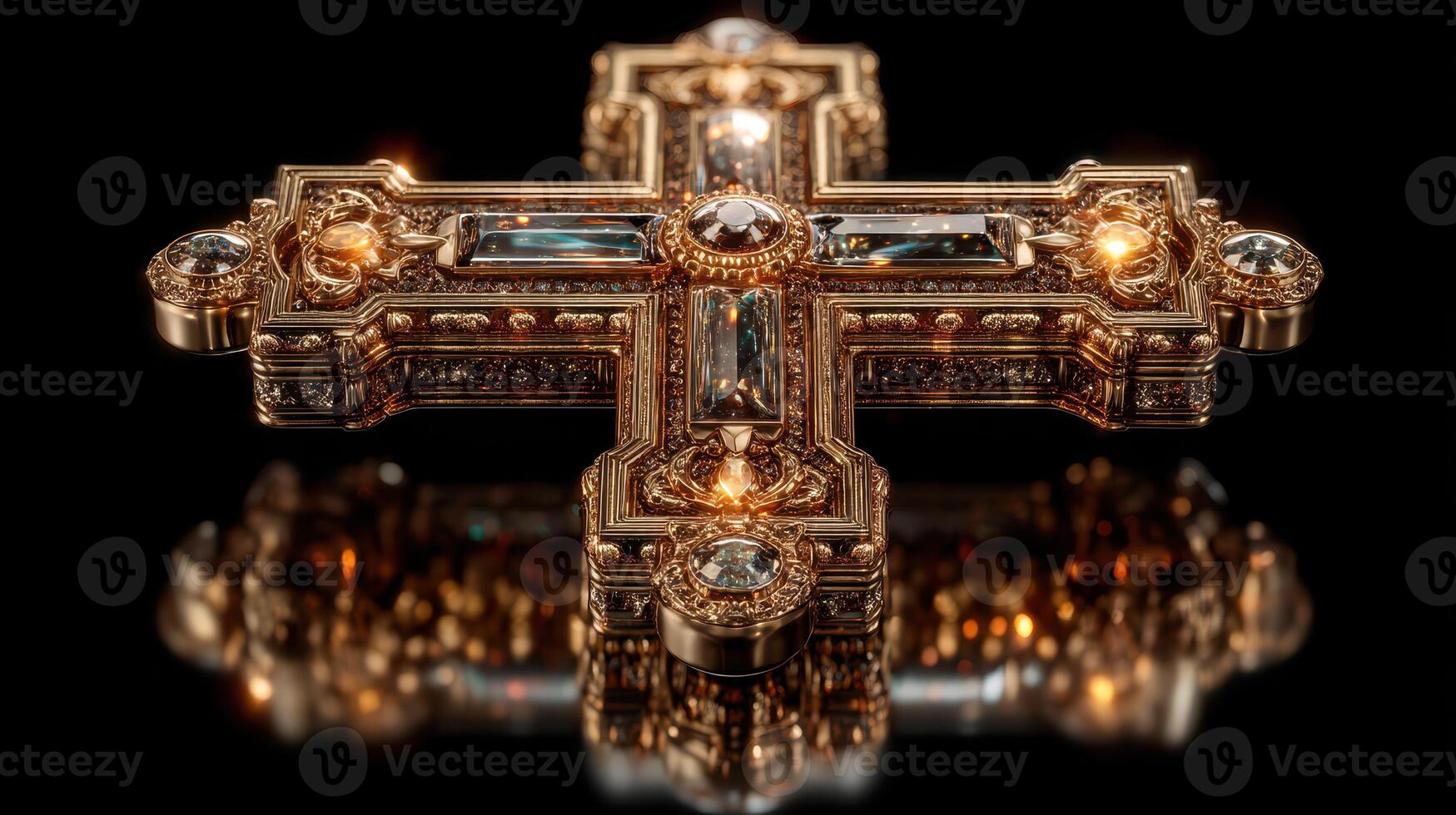 Elegant golden cross with sparkling gemstones displayed on a reflective black surface photo