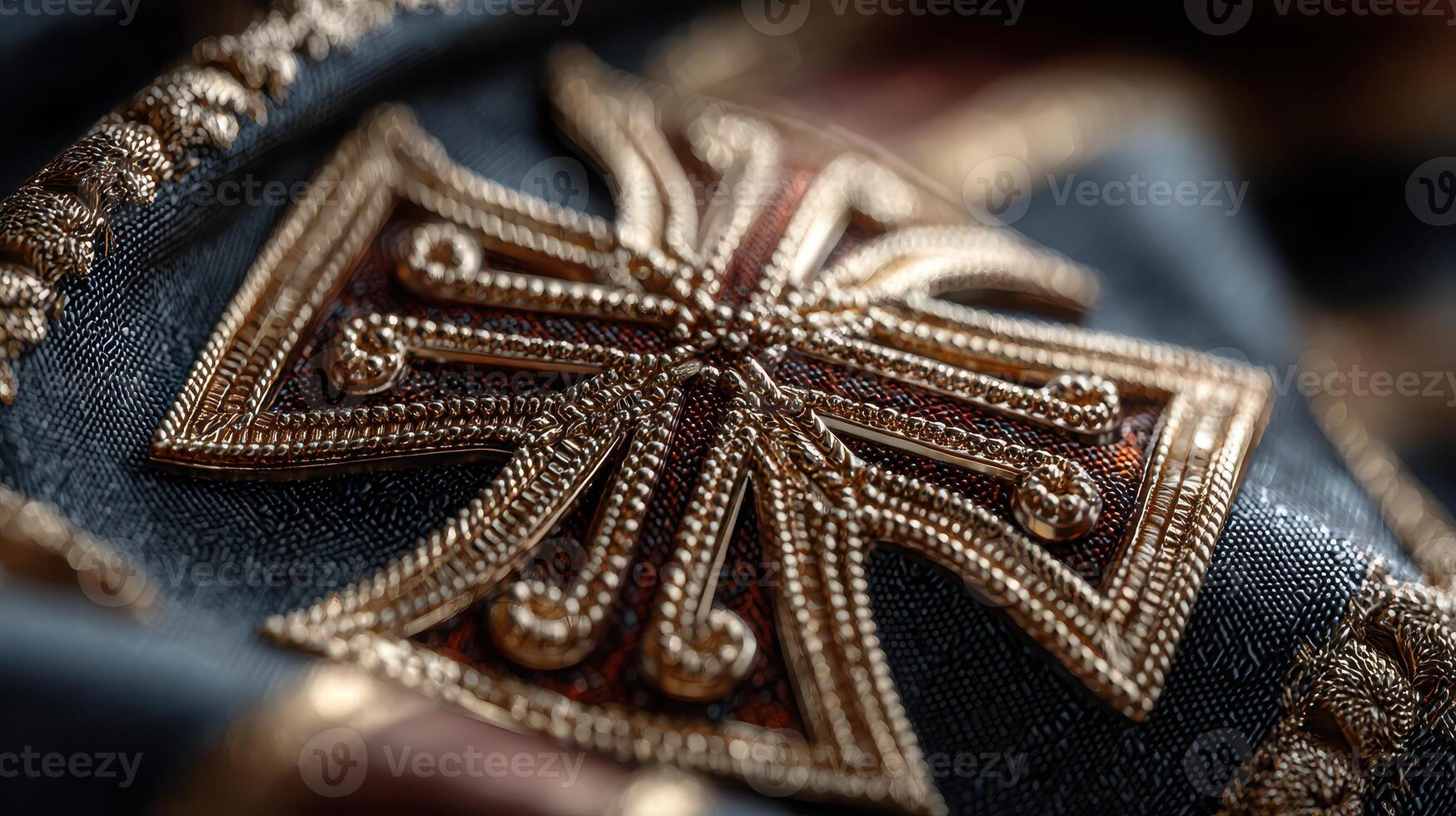 Ornate military decoration displayed on a dark fabric background in a detailed close-up view photo
