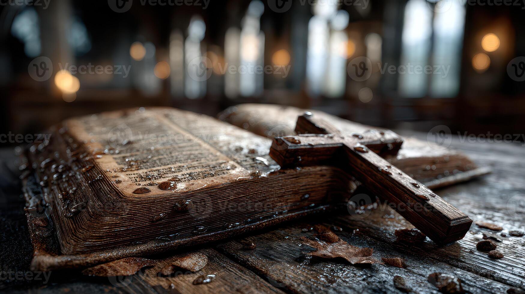 Ancient book resting on a wooden surface with a wooden cross and droplets of water in a dimly lit location photo