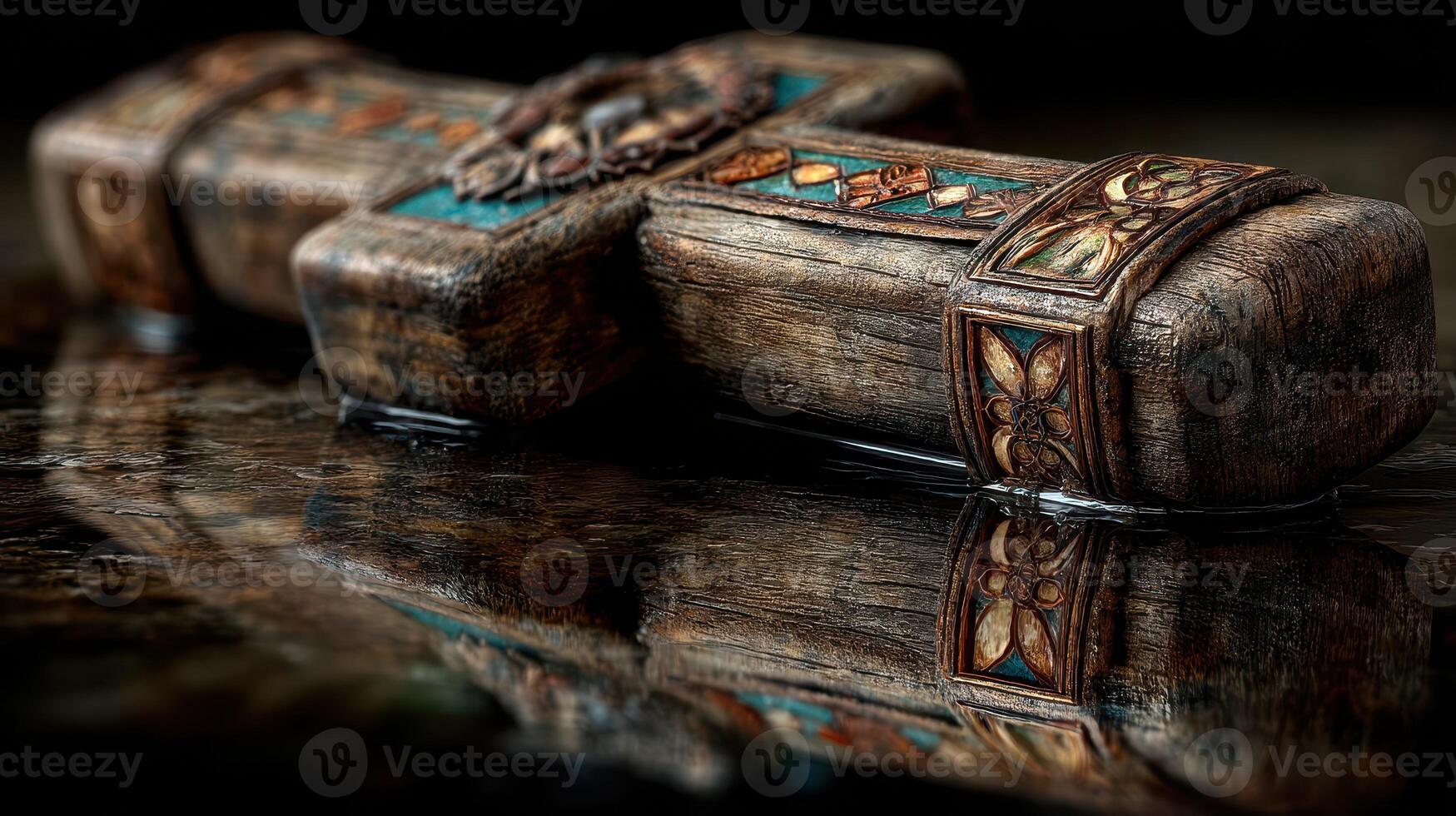 Intricately carved wooden cross with turquoise inlays resting on a reflective surface photo