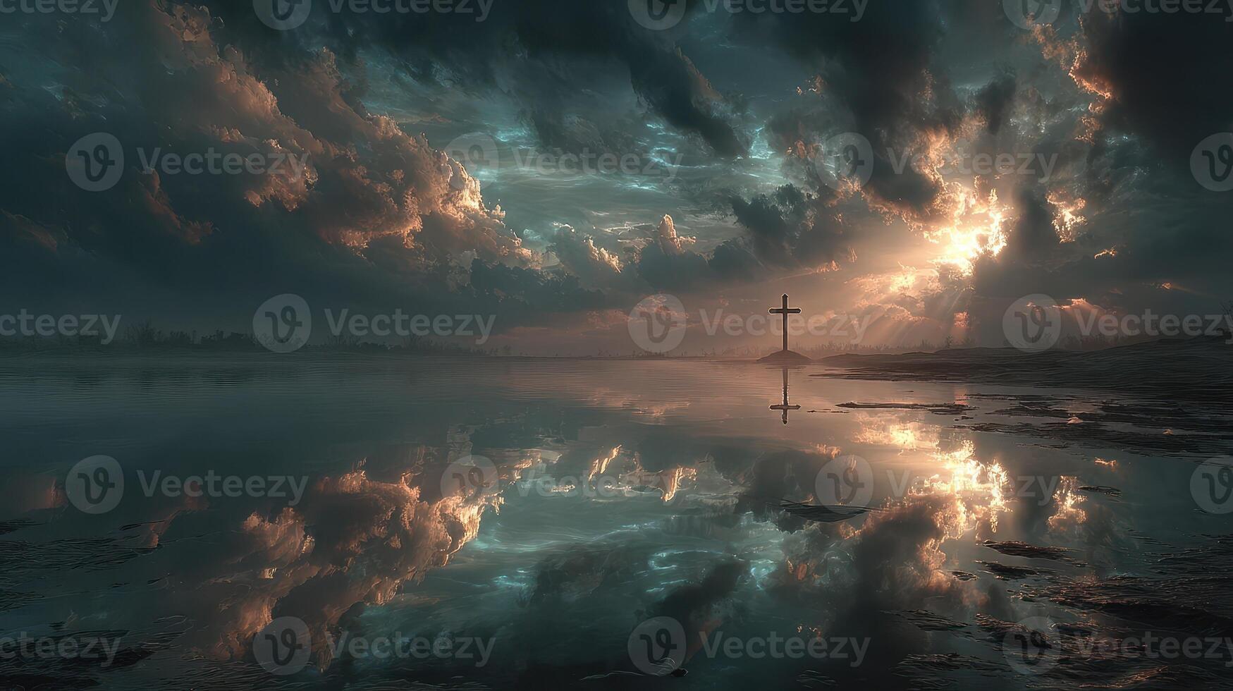Golden rays break through dark clouds over serene waters reflecting a cross at sunset near a tranquil landscape photo