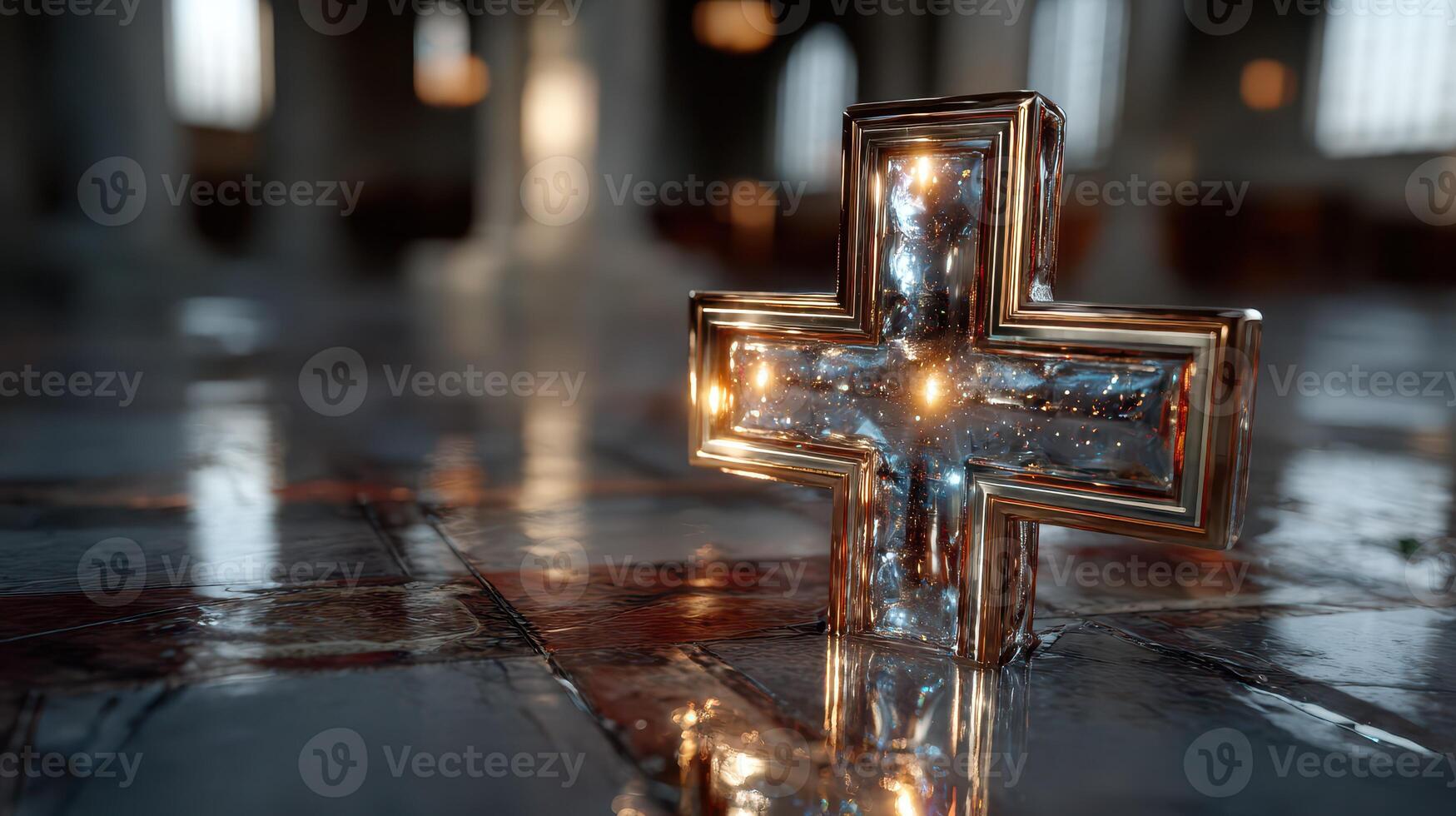Shiny cross on the floor of a historic building reflecting light during the day photo