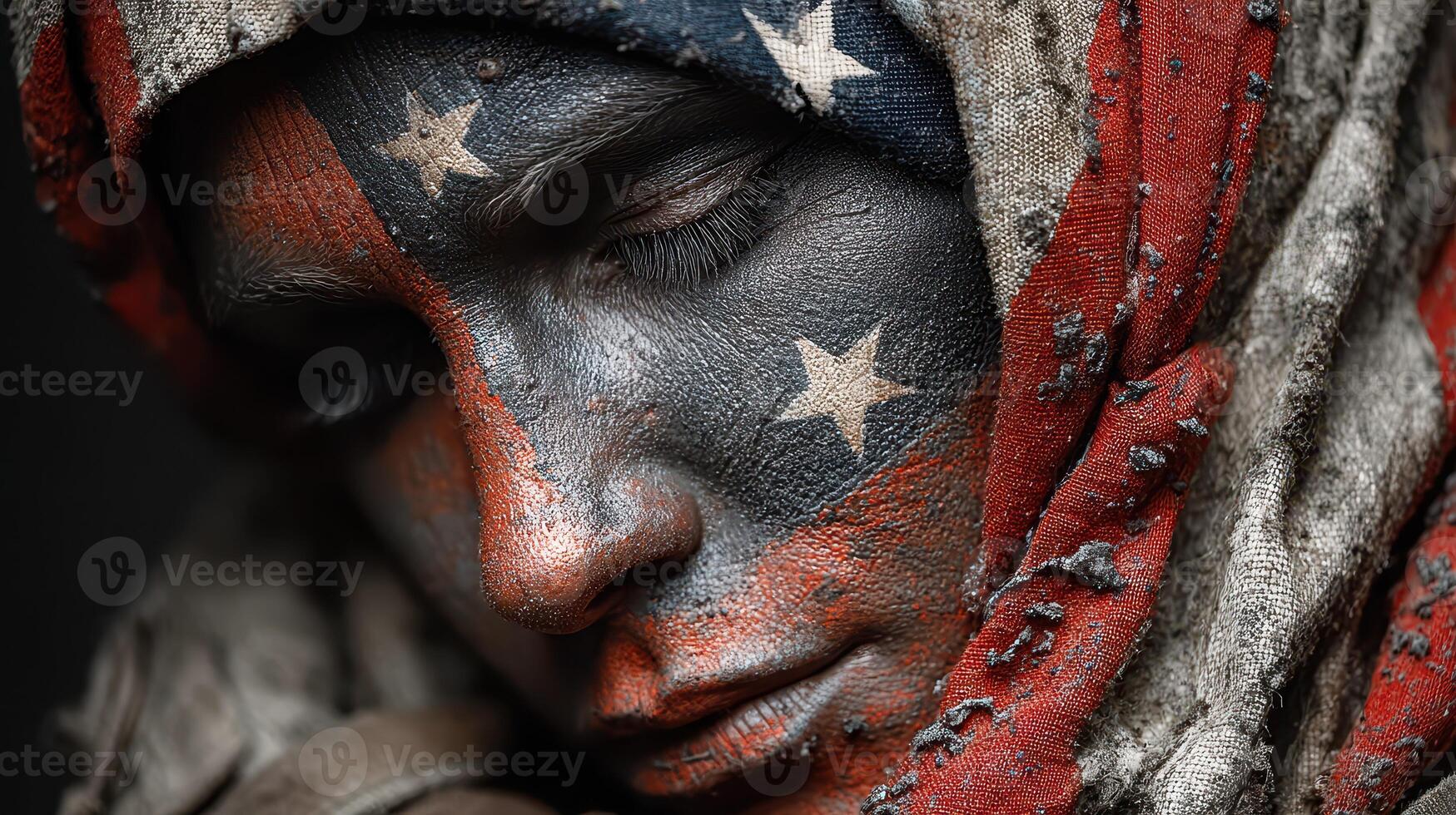 Portrait of a person with patriotic face paint and a tattered scarf expressing profound emotion photo