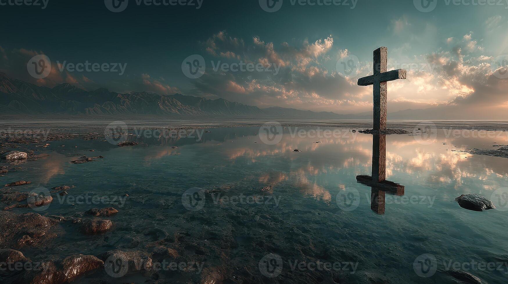 Reflection of a cross in calm waters during sunset near rocky mountains photo
