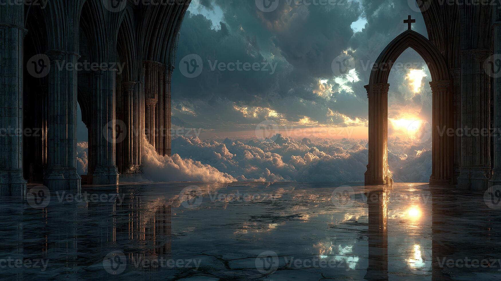 Majestic sunset viewed from ancient archway surrounded by clouds and tranquil reflections on water photo