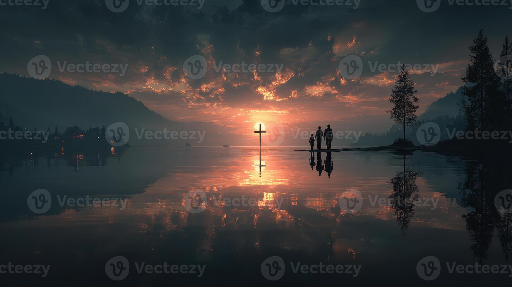 Silhouettes at sunset by a lake with reflections and a cross on the shore photo