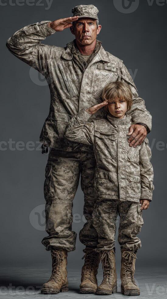 Saluting together. A soldier and child honor military service in a touching moment photo