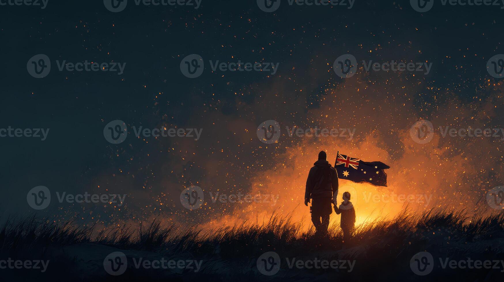 Families unite against a fiery backdrop during a celebration of national pride at dusk, showcasing resilience and togetherness photo