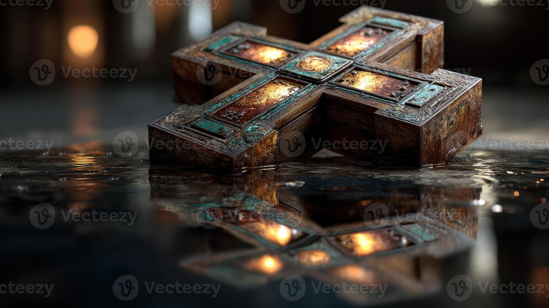 Ornate wooden cross with intricate carvings and reflections on a wet surface near a dimly lit background photo
