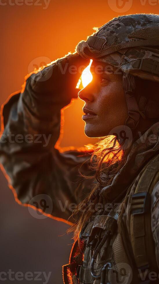 Soldier saluting during sunset in a mountainous landscape with sunlight illuminating her silhouette photo