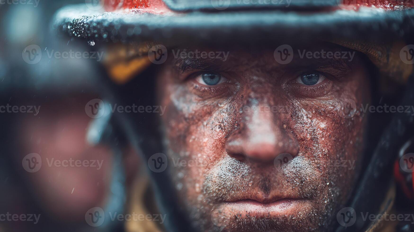 Firefighter faces the elements during a challenging rescue operation in difficult weather conditions at a wildfire site photo