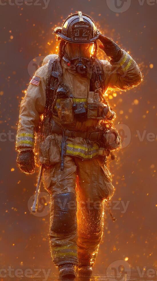 Firefighter battles intense blaze while saluting in dramatic lighting during an emergency response operation photo