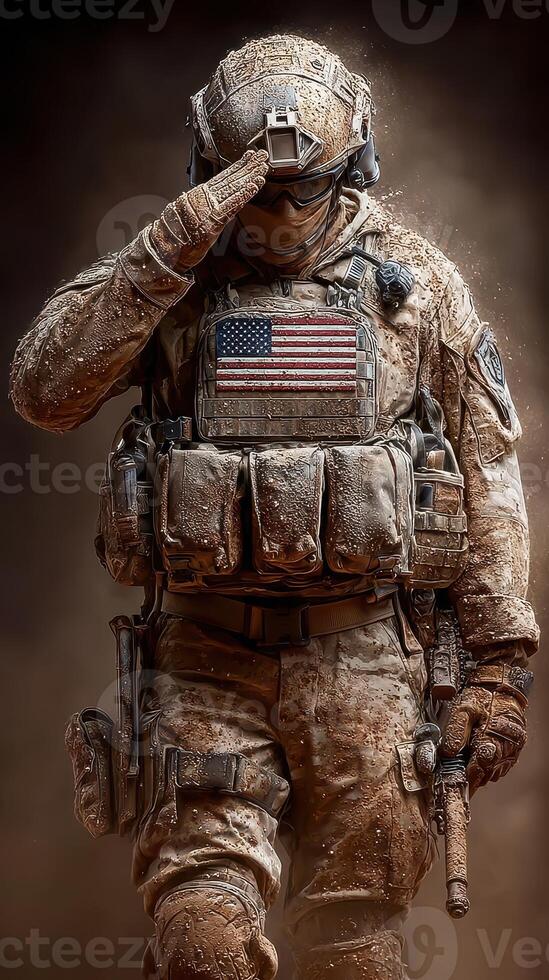 Soldier saluting with pride in dusty combat gear during a military operation in a war-torn region photo