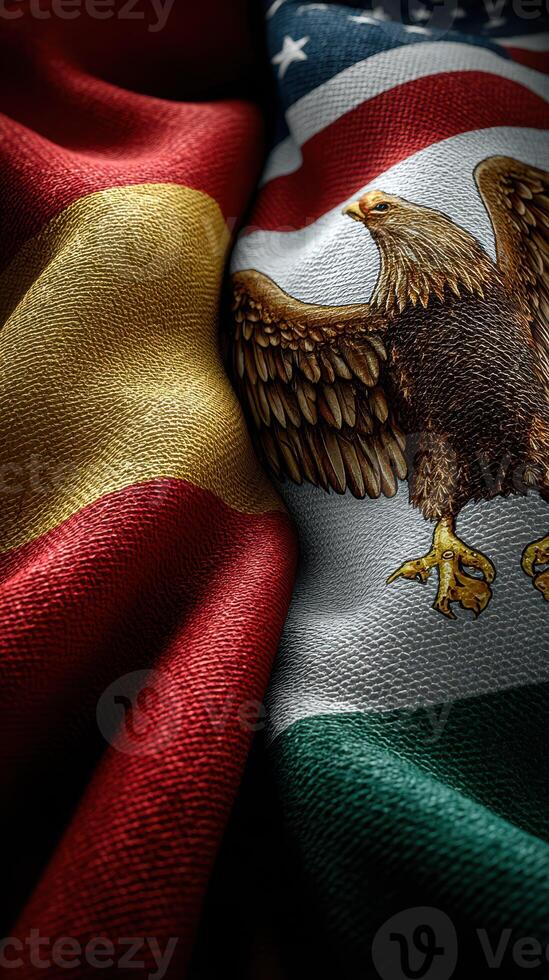 Flags of Spain and Mexico intertwined showcasing cultural connections and shared history in a symbolic representation photo