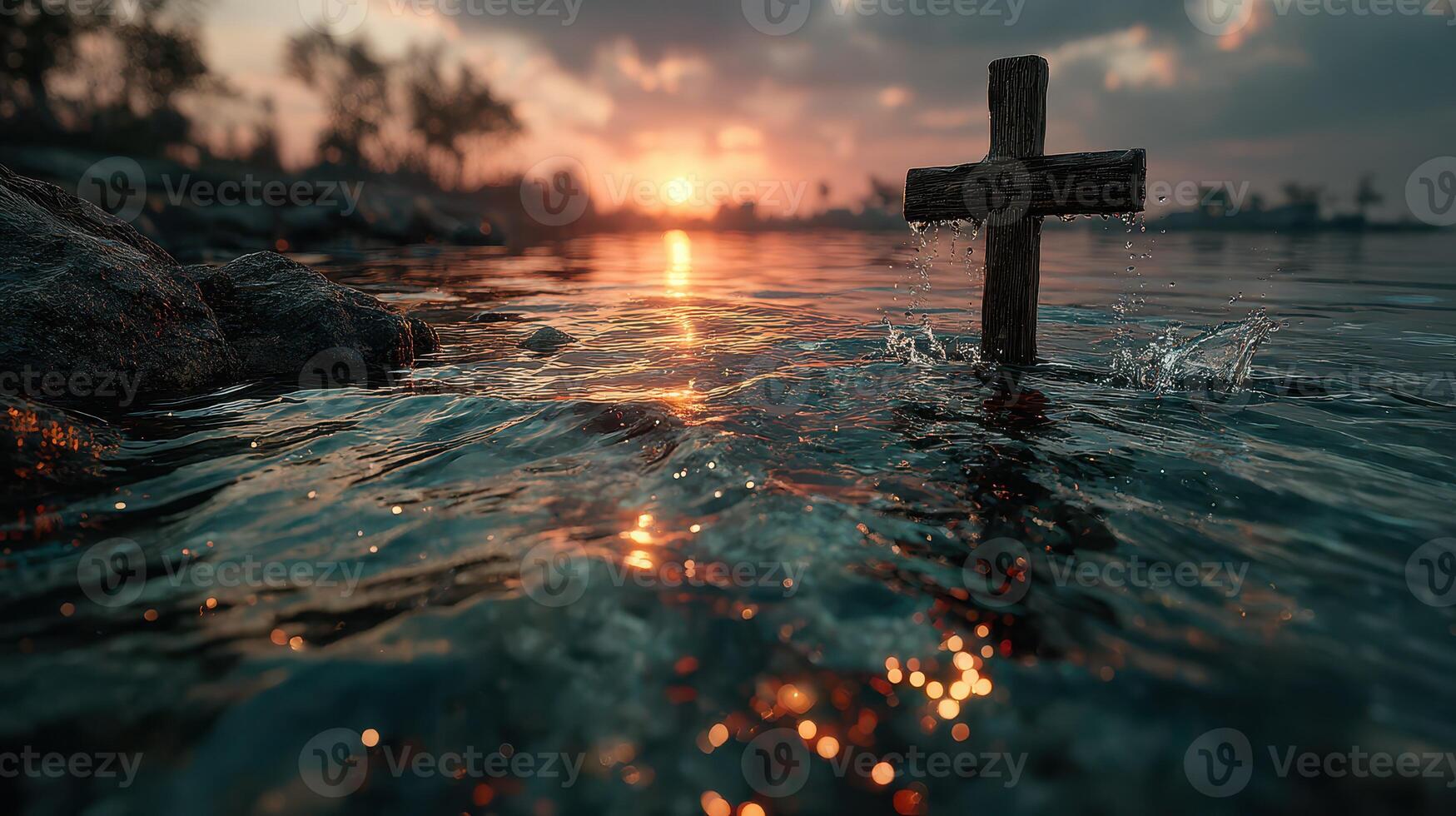 Cross standing in water during sunset with vibrant reflections and serene atmosphere photo