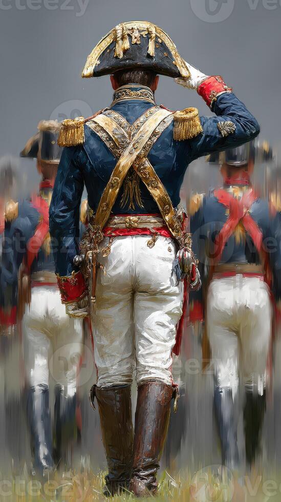 Historical reenactment of a military parade with leaders in elaborate uniforms during a cloudy day photo
