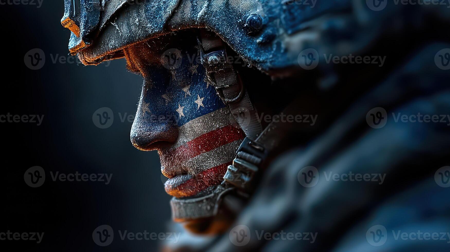 Soldier with American flag paint on face taking part in military training exercise at dawn photo