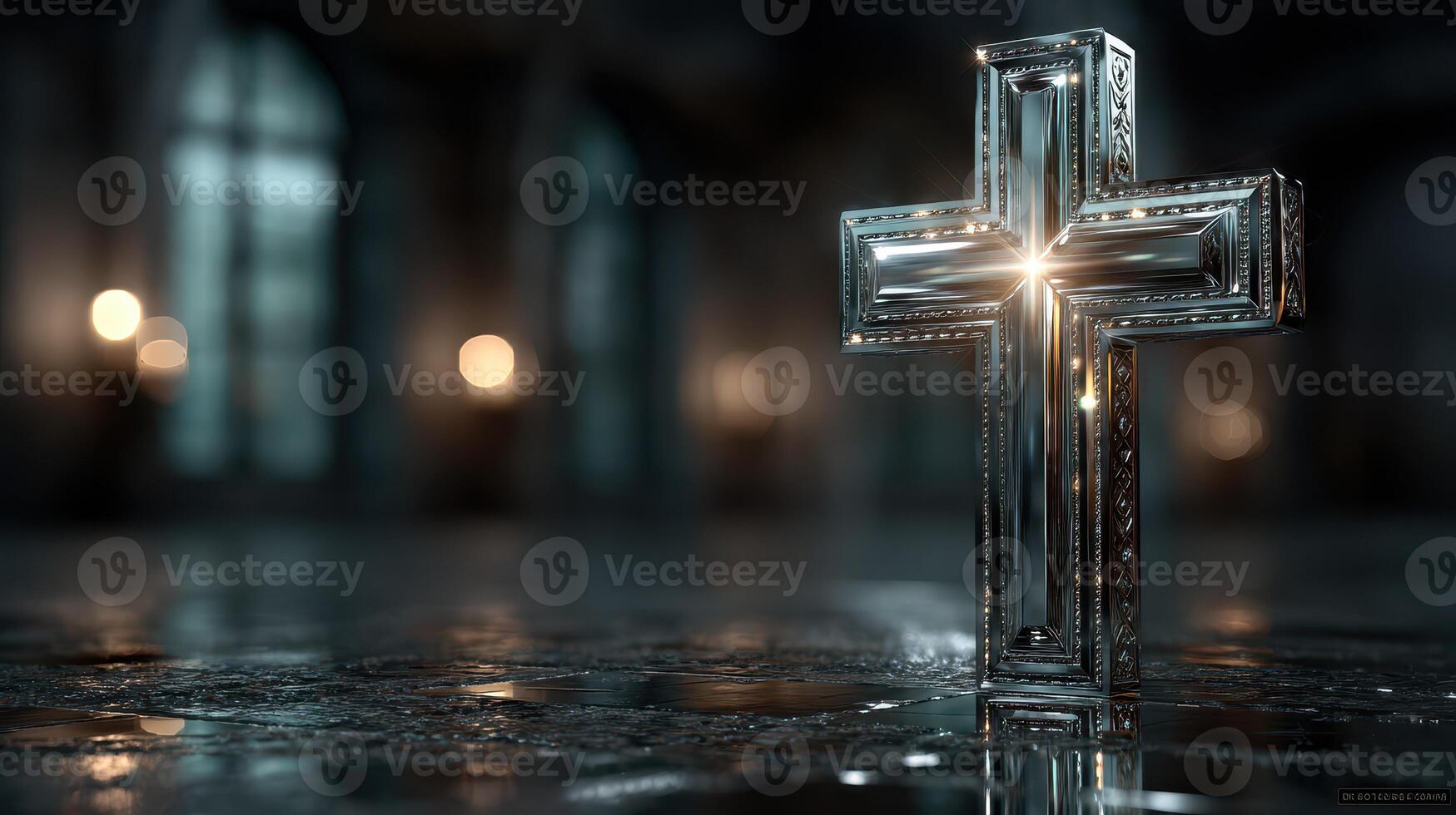 Silver cross shines in a dimly lit sacred space, creating a serene atmosphere of contemplation and reflection during evening hours photo