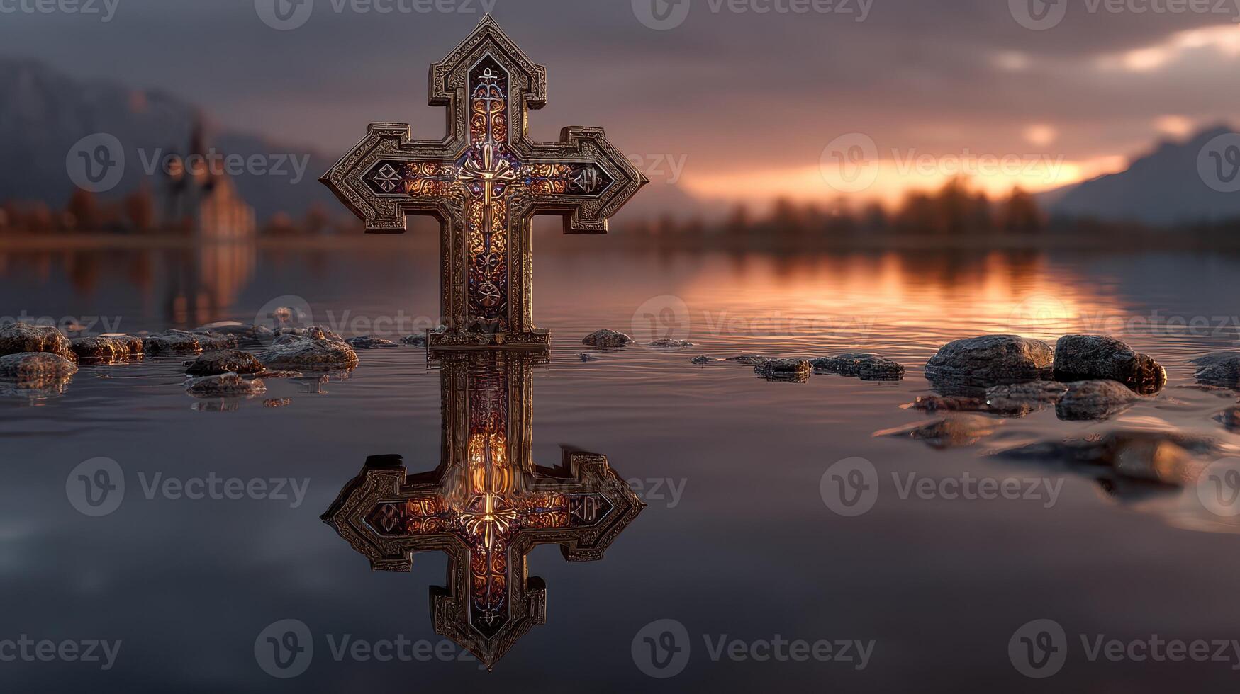 Sunset reflections of an ornate cross in tranquil waters at a serene lakeside location photo