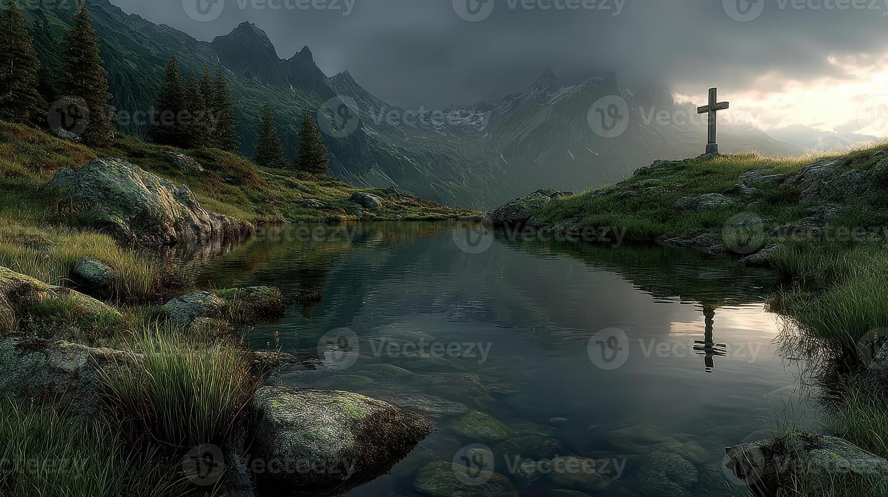 Serene mountain landscape with a cross by a tranquil lake in a moody atmosphere during late afternoon photo