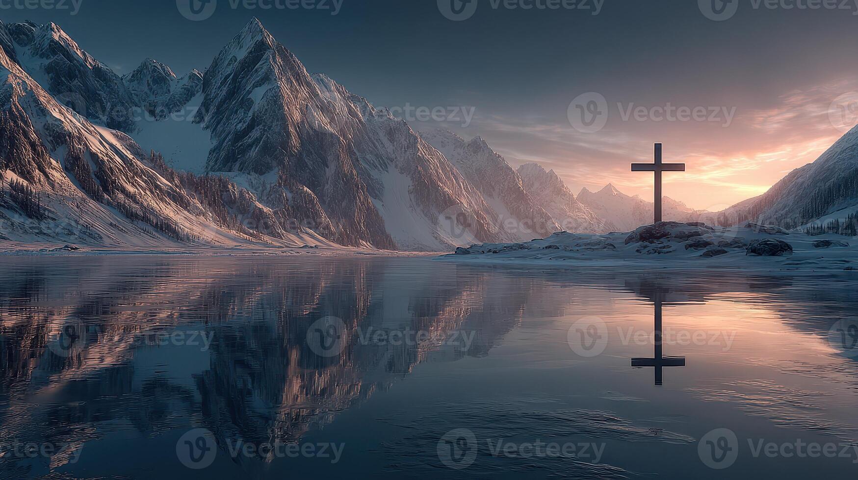 Serenity at dawn with mountains and a cross reflecting on a tranquil lake in winter scenery photo