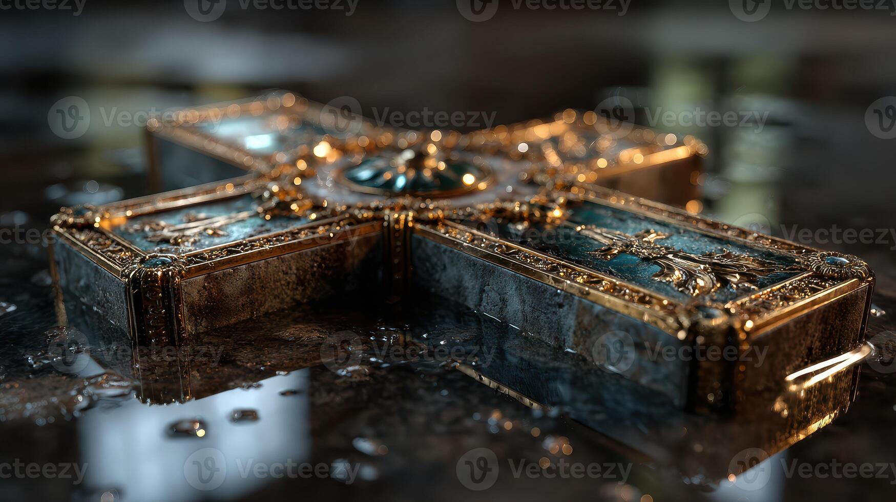 Exquisite ornate cross resting on reflective surface in soft light photo