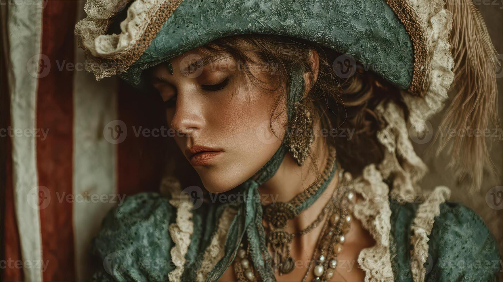 Elegant woman in vintage costume with intricate details posing against a rustic backdrop in a historical setting photo