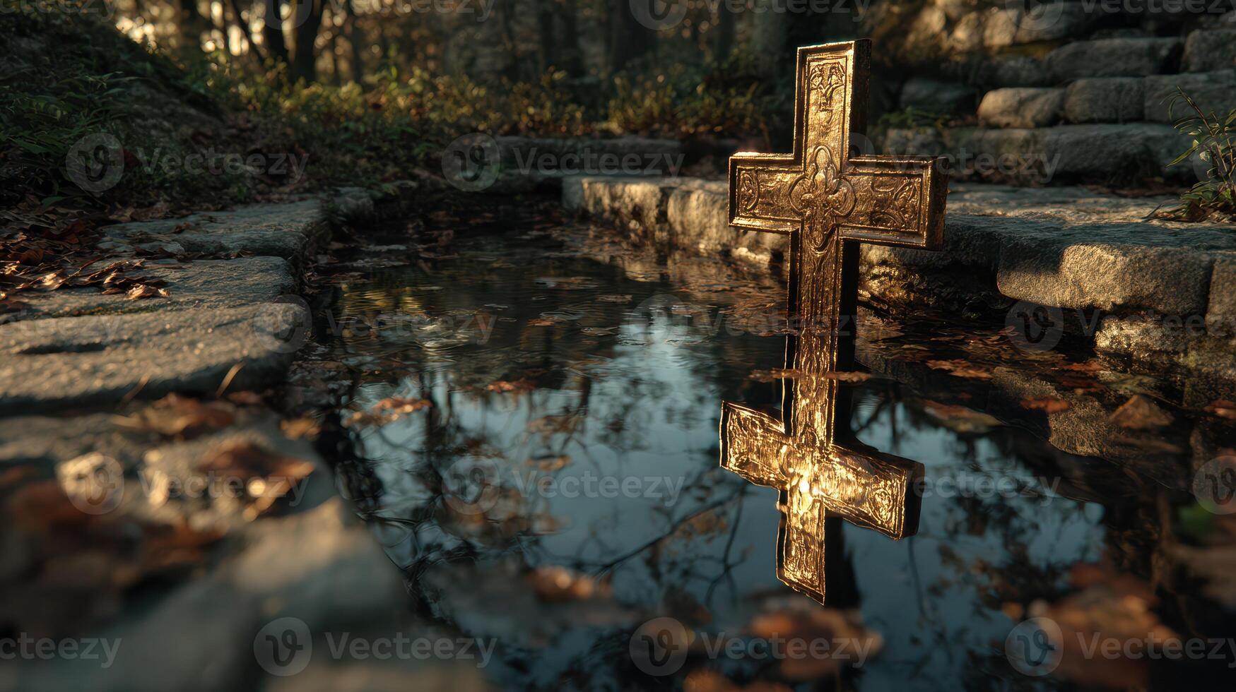 Golden cross reflecting in still water surrounded by autumn leaves in a serene forest setting photo