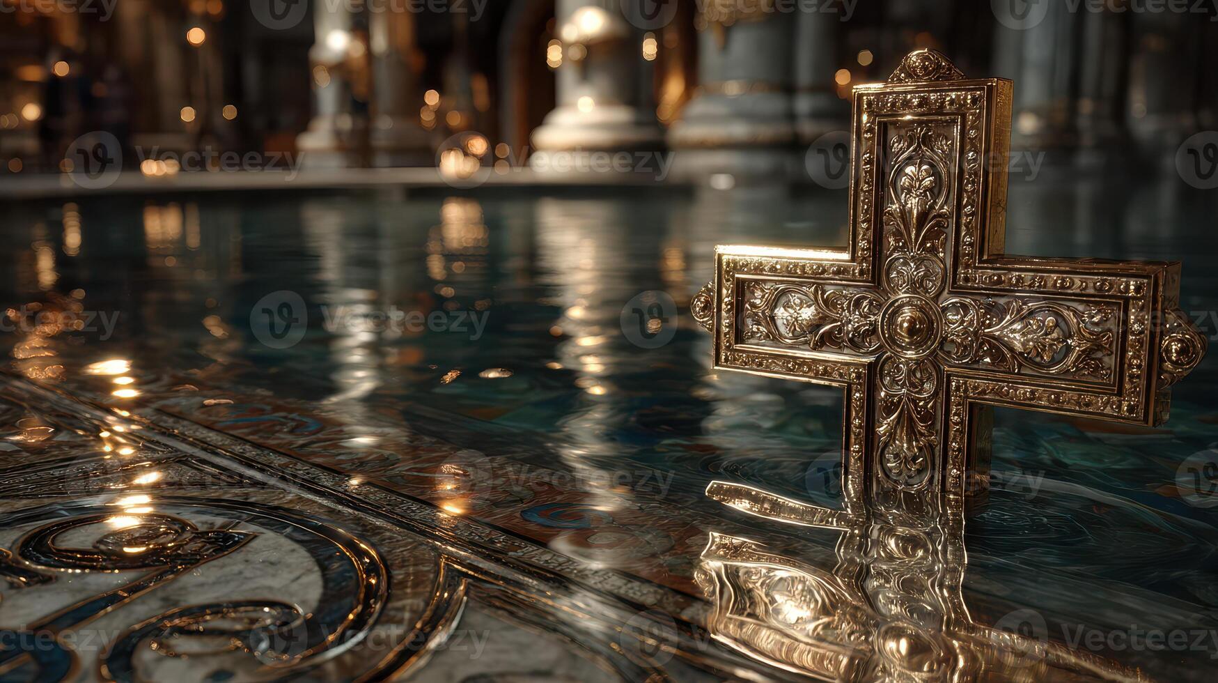 Ornate cross rests on reflective surface in tranquil, dimly lit interior of historic sanctuary photo