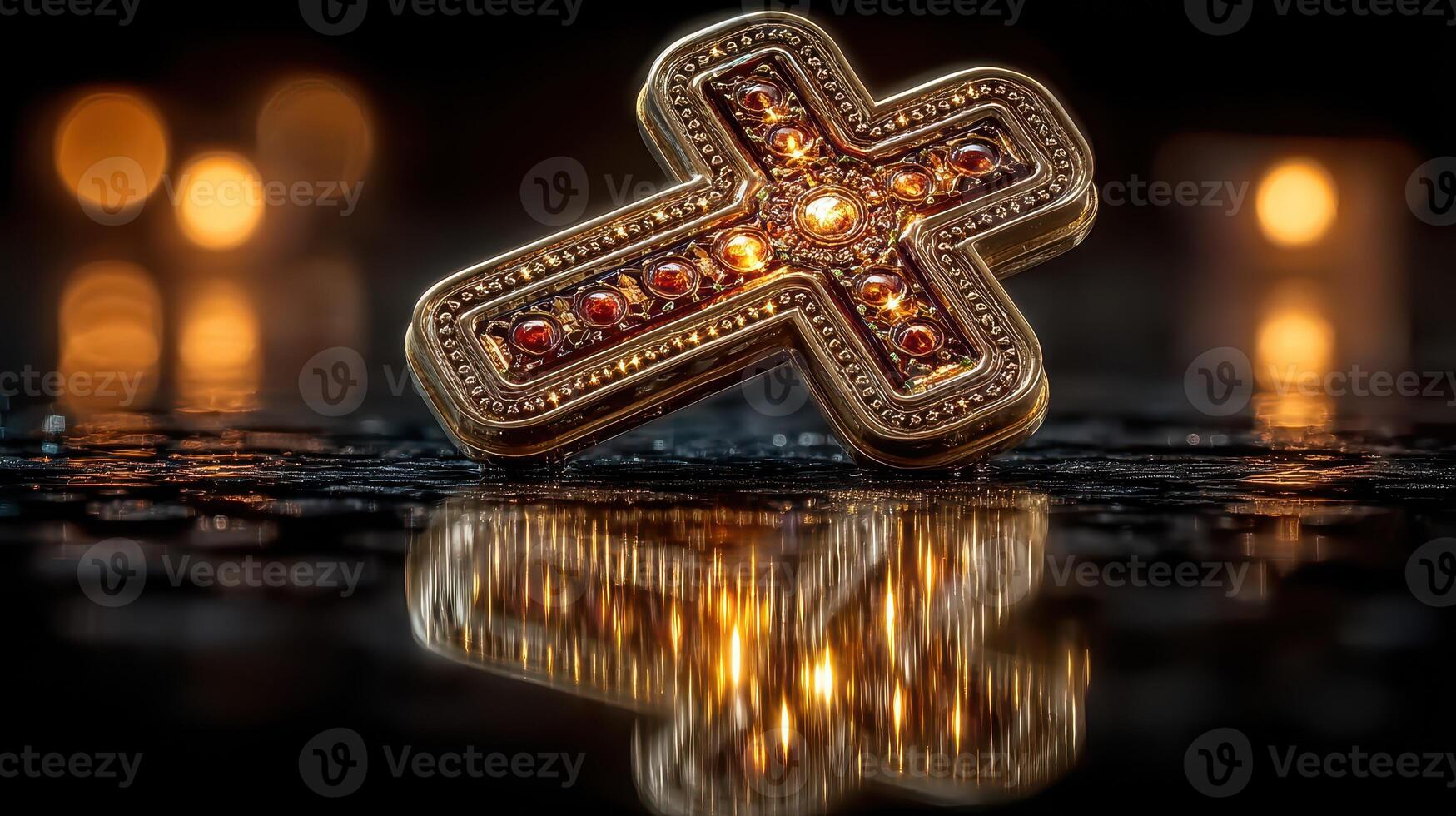 Decorative golden cross reflecting soft candlelight on a dark surface during a serene evening photo
