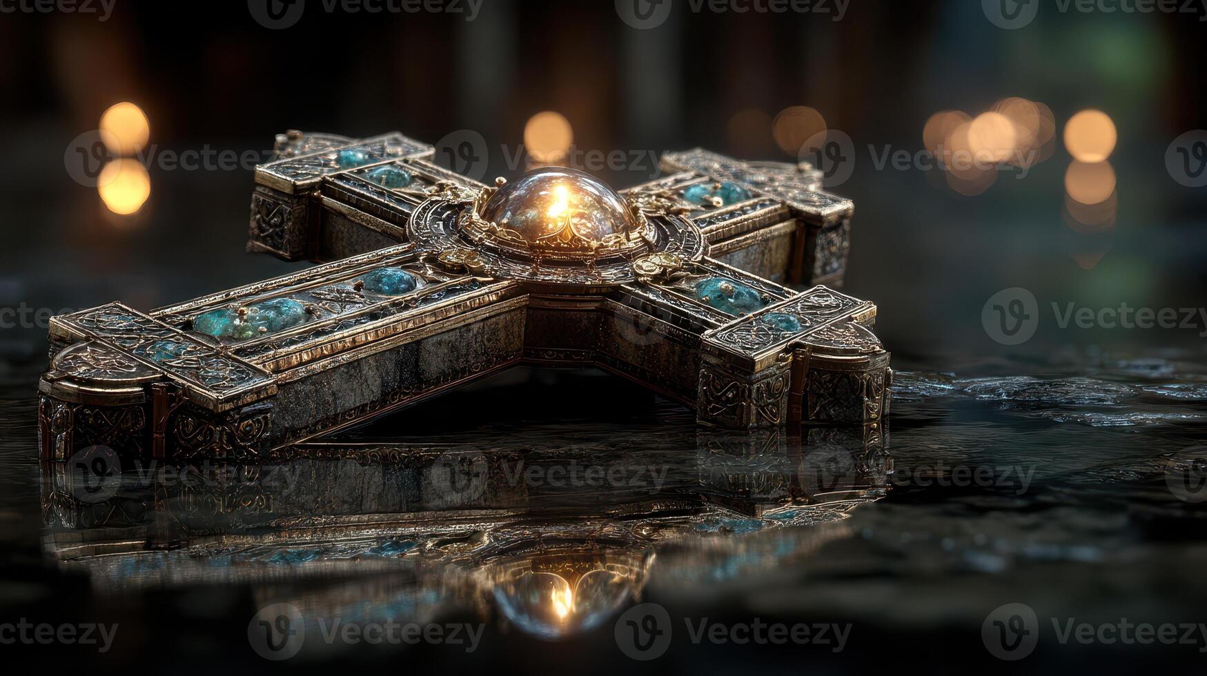 Detailed depiction of an ornate cross with intricate design and glowing gem, set against a blurred background with soft lighting photo