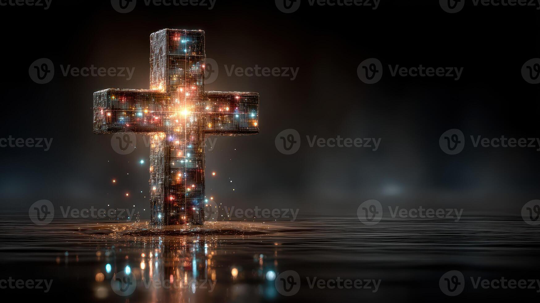 Bright cross glowing in dark water surrounded by light reflections photo