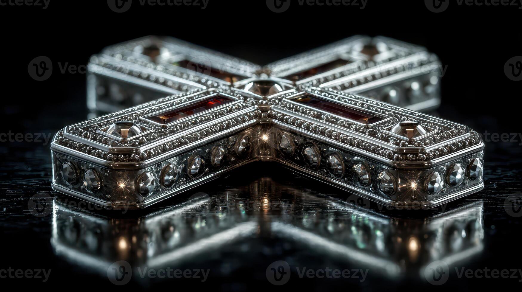 Intricate silver cross with gemstones reflecting in a dark setting captured in fine detail photo