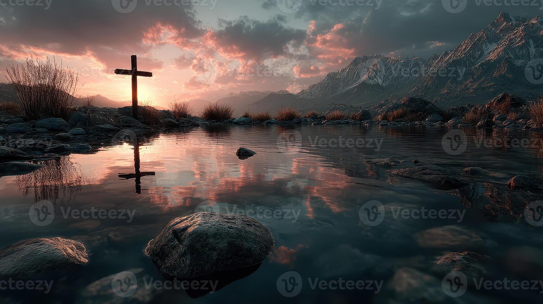 Serene sunset at a mountain lake with a cross reflecting in the water photo