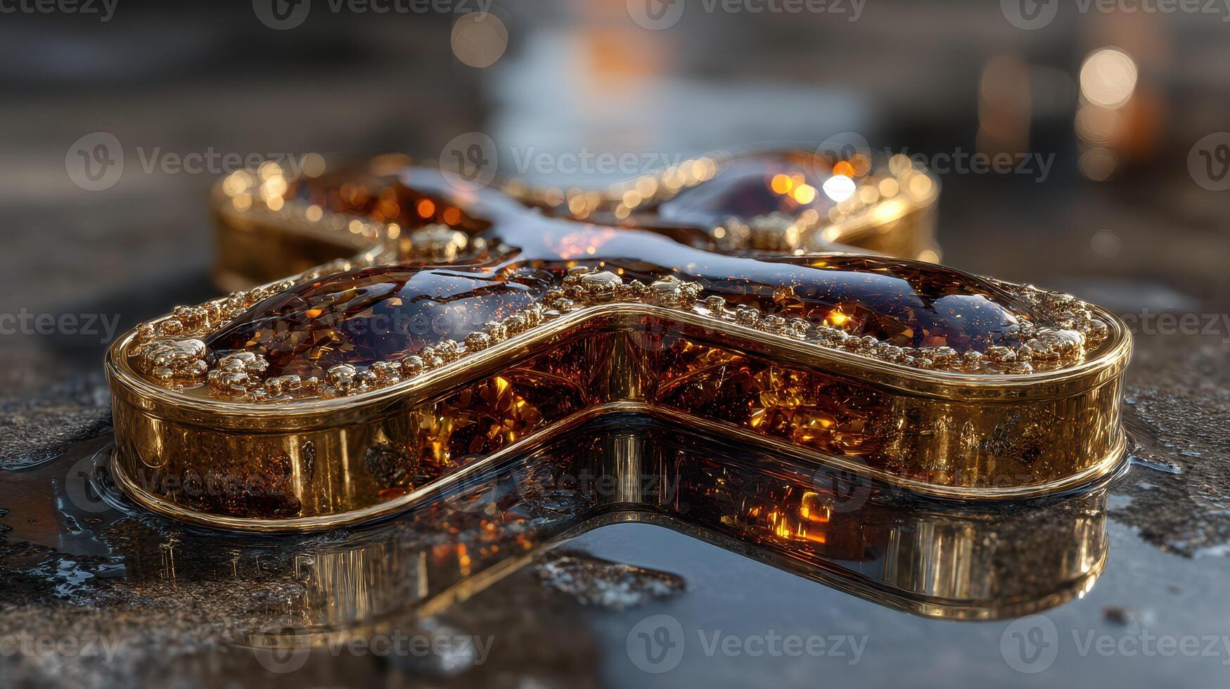 Glistening golden cross pendant rests in shimmering puddle reflecting sunlight photo