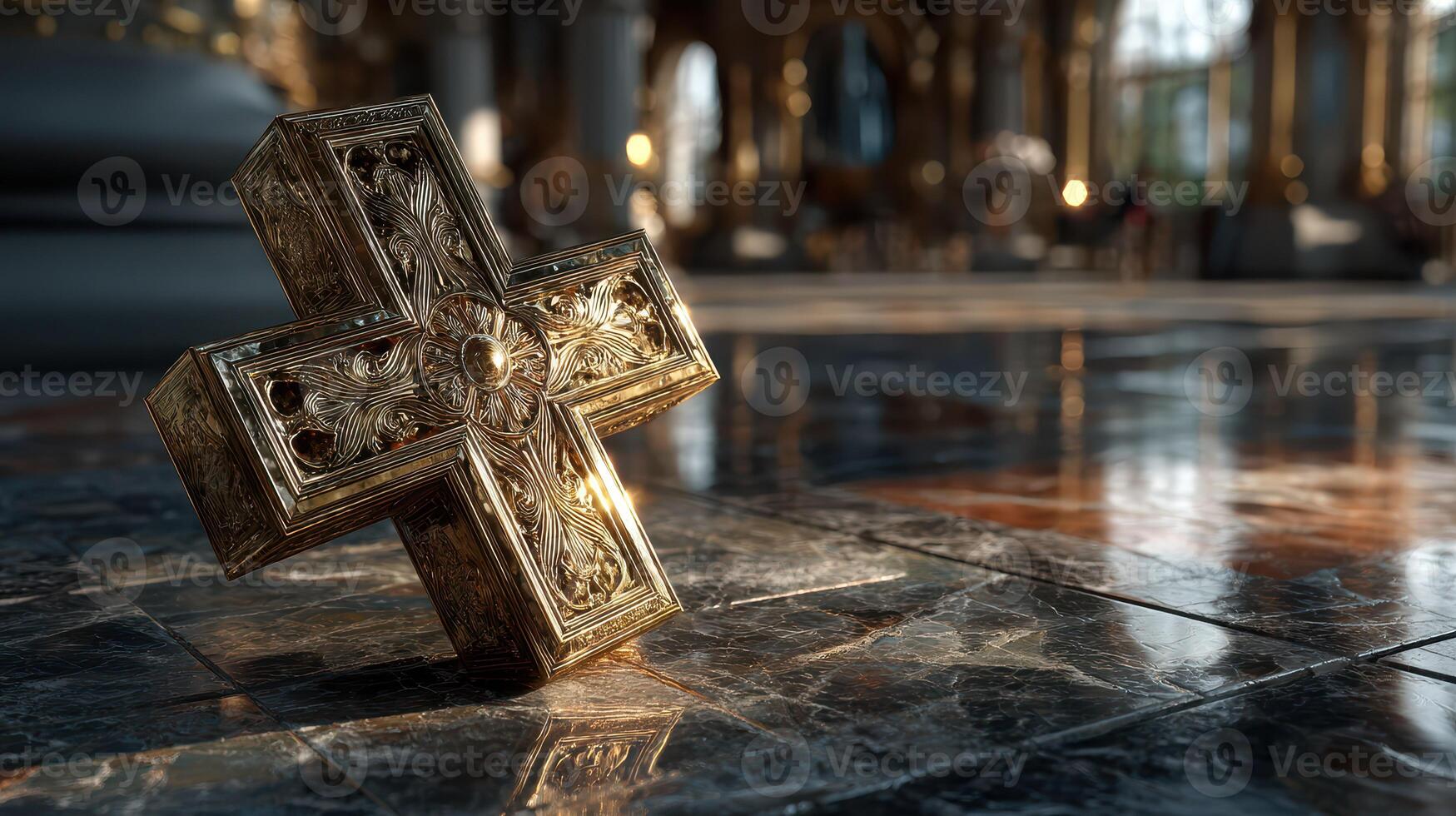 Golden cross resting on marble floor in elegant interior during soft afternoon light photo
