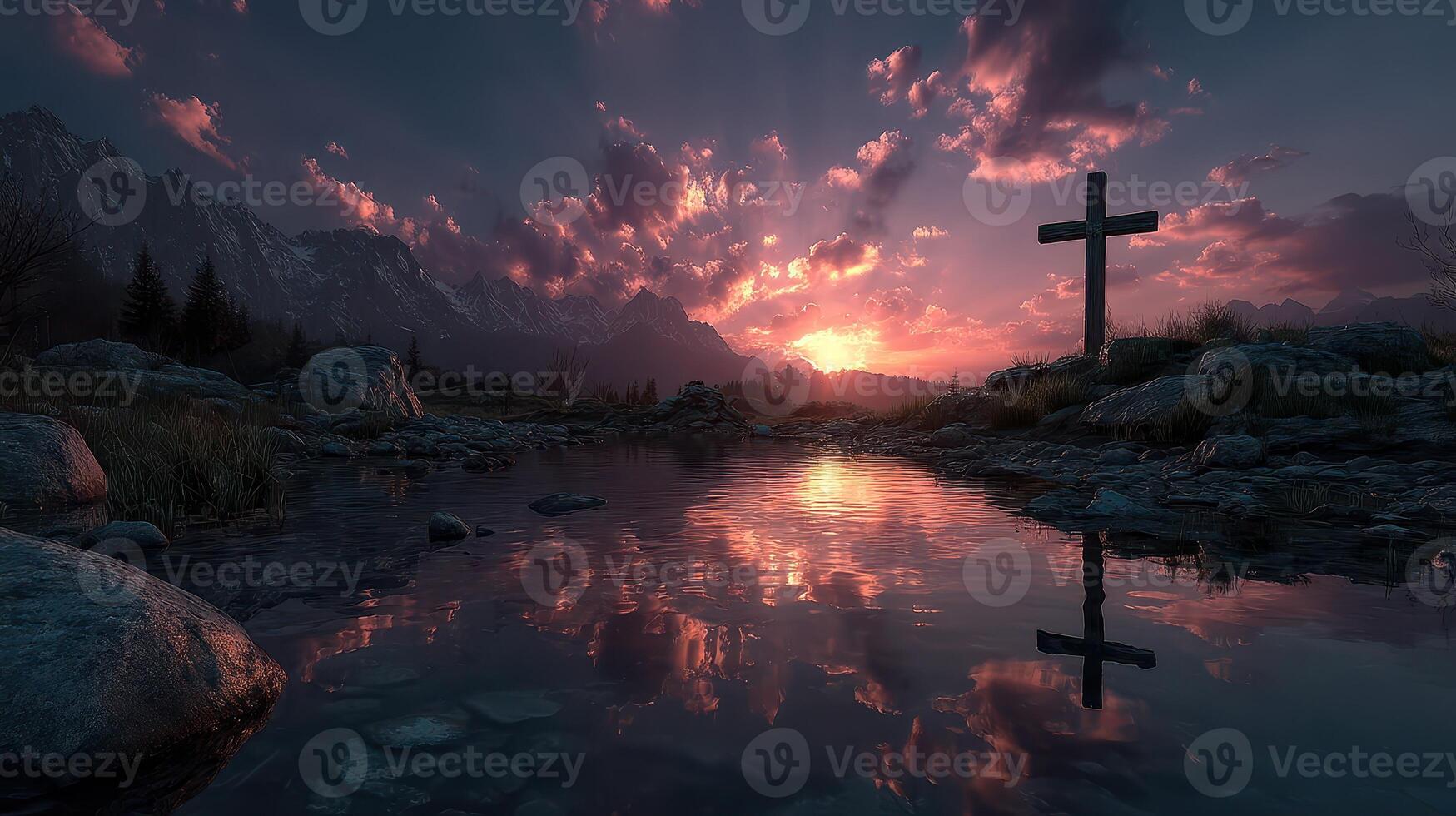 Sunset reflection over still water with cross silhouette in mountain landscape photo