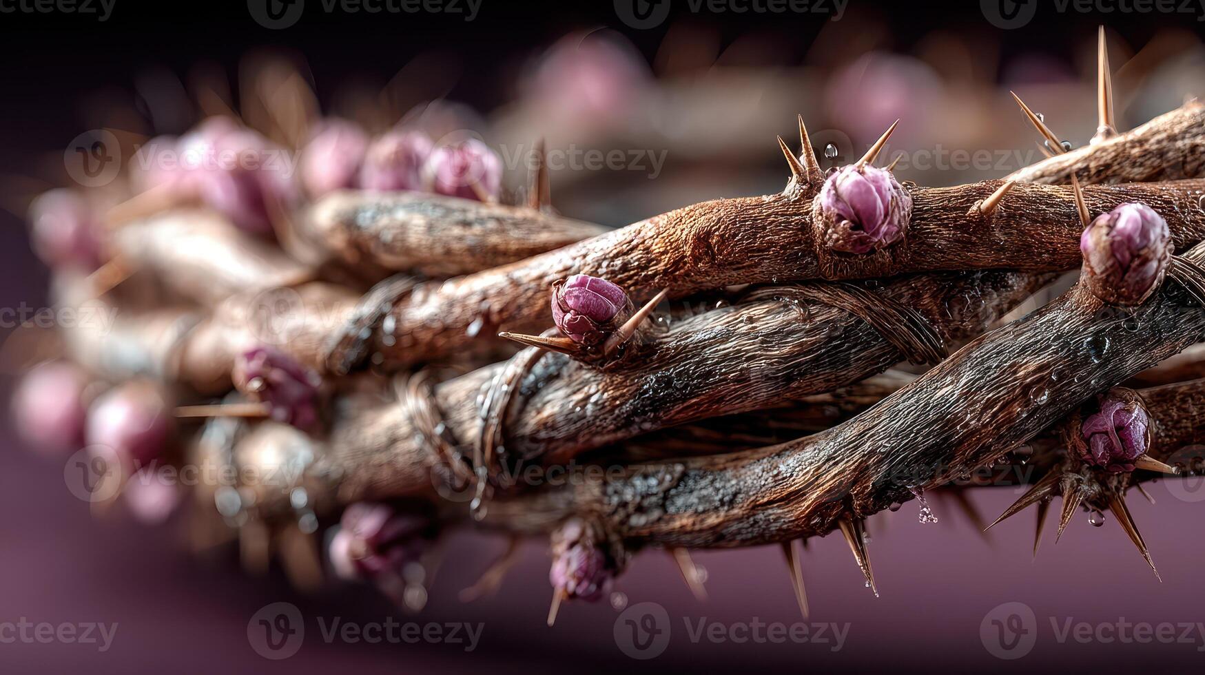 Crown of thorns made from branches and buds in close-up detail showcasing texture and colors photo