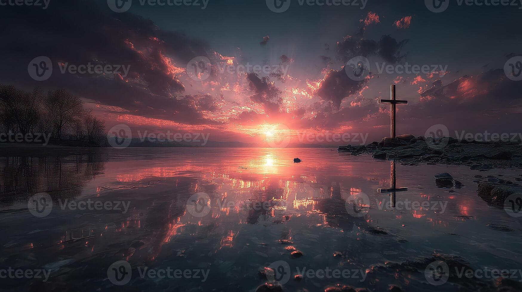 Sunset reflection on water with a cross silhouette at the shore during dusk photo