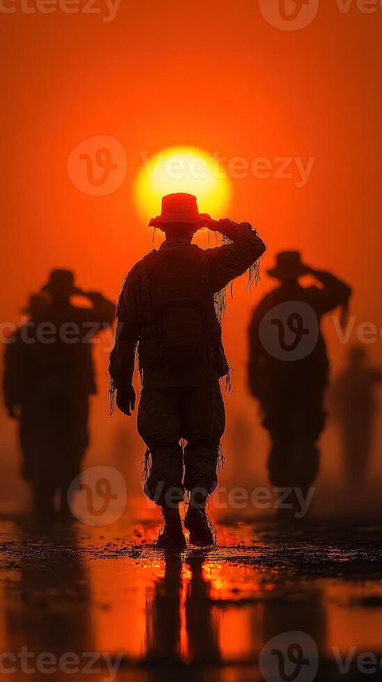 Soldiers saluting against a stunning sunset in a foggy landscape photo