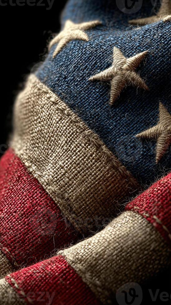 Close-up view of a vintage flag showcasing its texture and colors with stars and stripes in rich detail photo