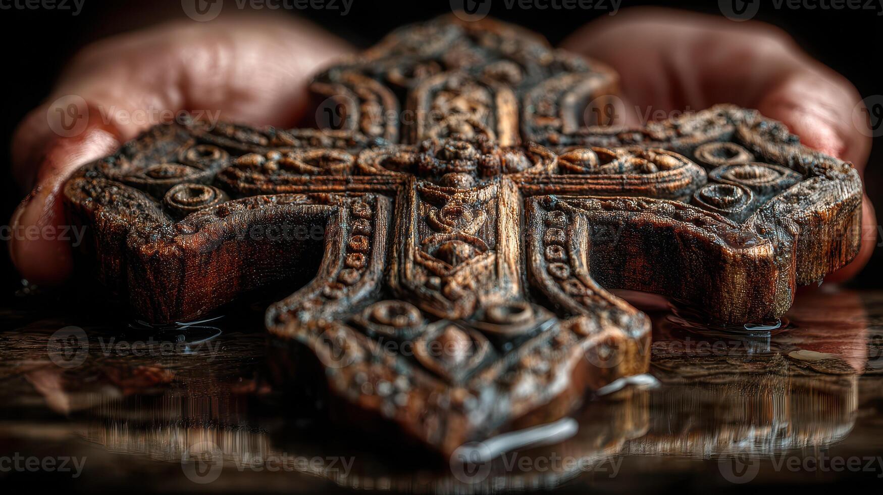 Hands holding a beautifully carved wooden cross in soft light, evoking serenity and spirituality during quiet contemplation photo