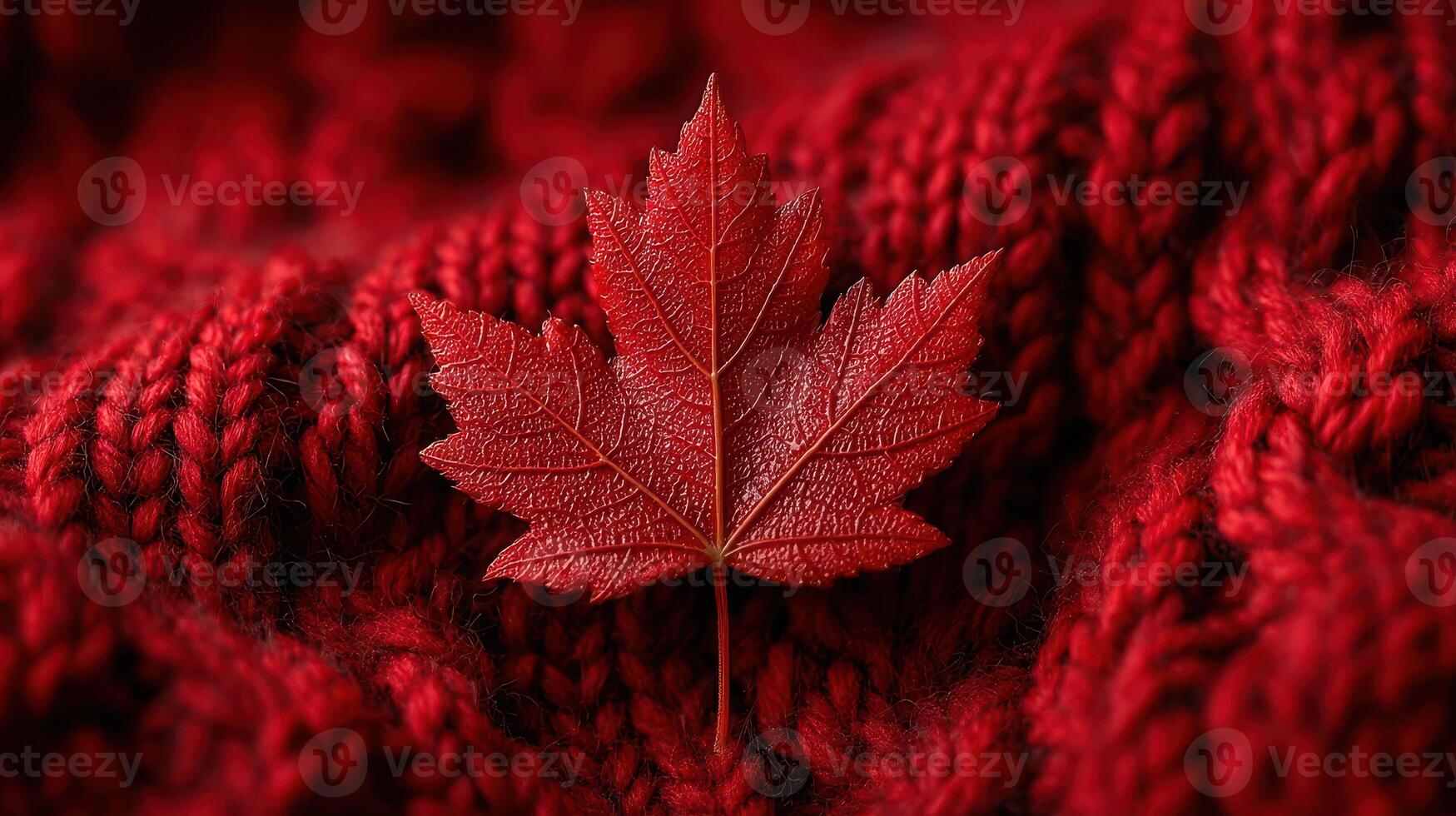 Red maple leaf placed on cozy knitted fabric showcasing autumn colors and textures in a warm indoor setting photo
