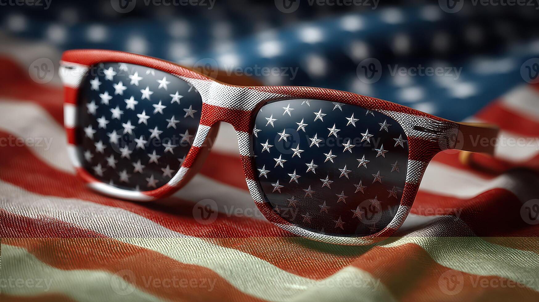 Sunglasses reflecting American flag patterns on patriotic fabric during celebration event in the United States photo