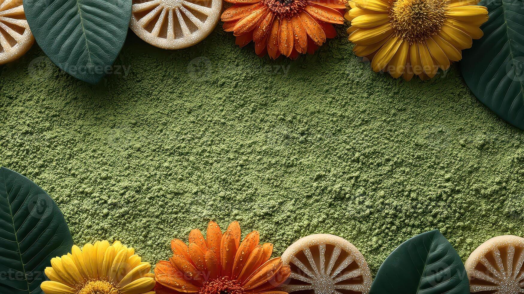 Colorful floral arrangement with green matcha powder on bright backdrop photo