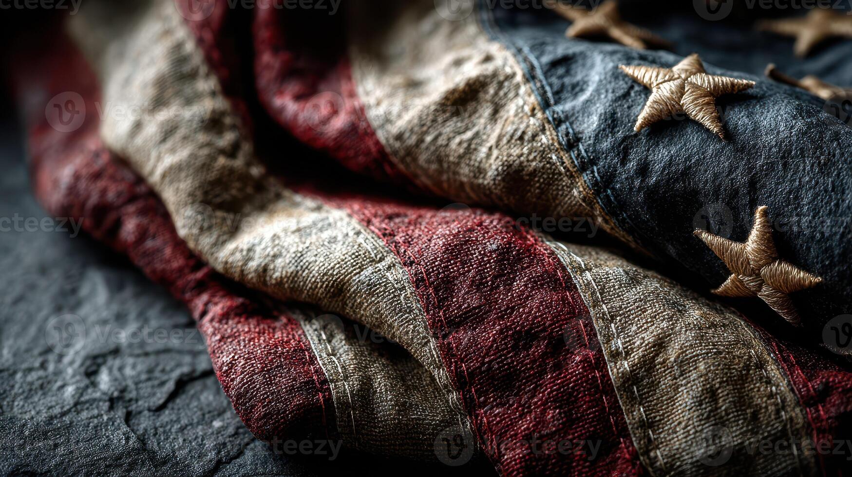 Worn American flag draped over textured surface showcasing history and craftsmanship photo