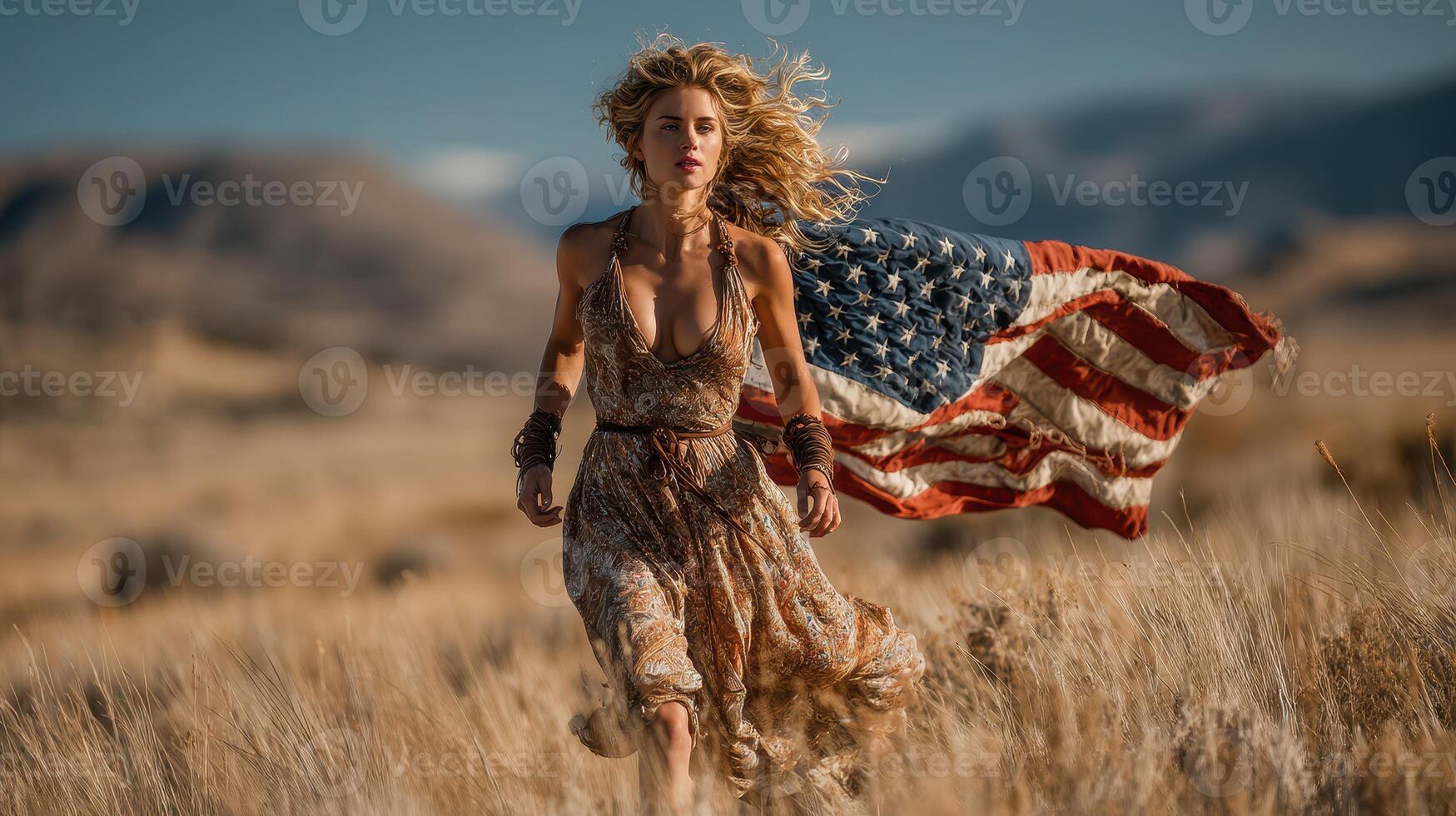 Woman running through a field while waving an American flag during golden hour amidst mountains photo