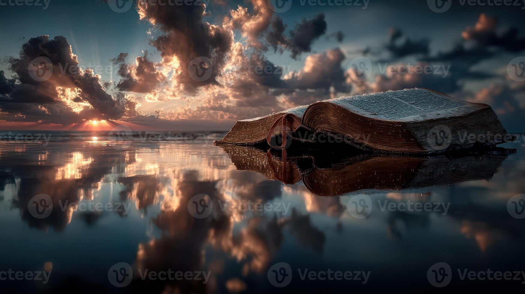 Open book resting on calm water reflects a stunning sunset with dramatic clouds and golden light photo