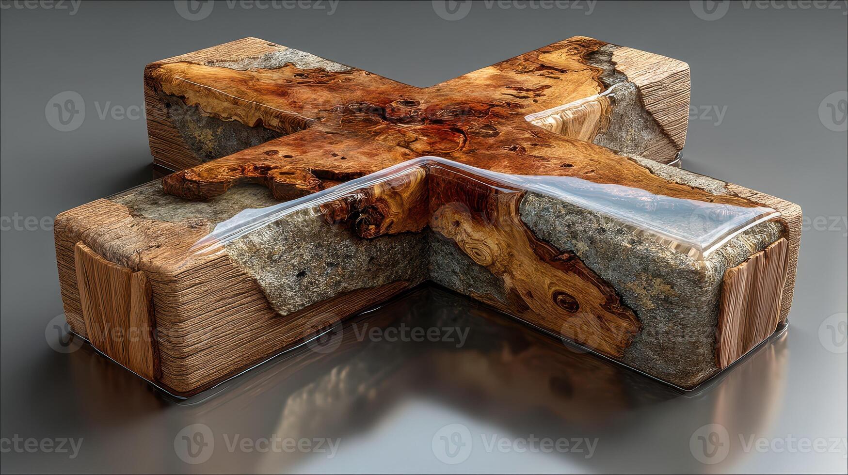 Unique cross-shaped table design featuring wood and resin in modern craftsmanship photo